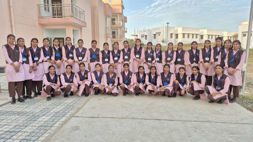 Students of EMRS Parda Chundawat lined up outside the campus residential blocks